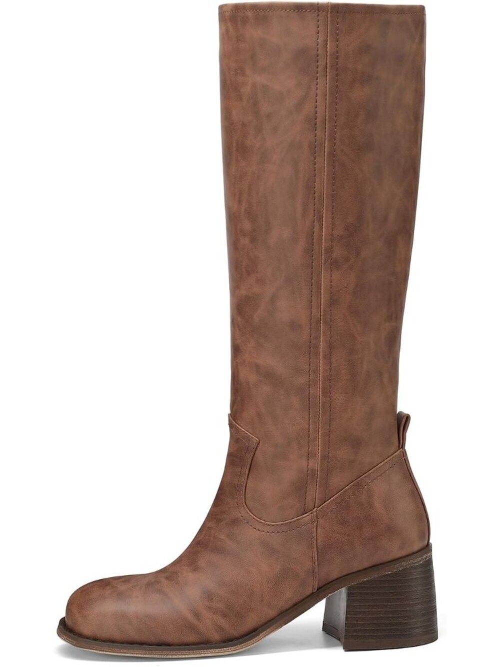 Women's Brown Square Toe Chunky Block Heel Casual Campus Tall Boots Western